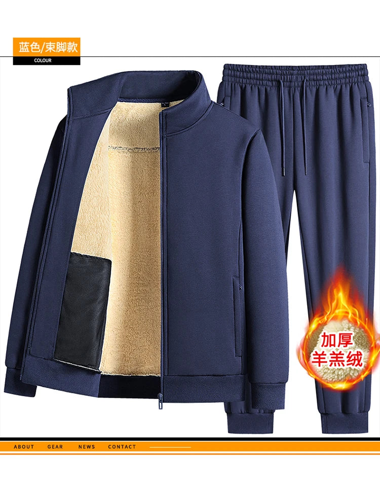 Men Lamb Wool Set Winter Tracksuit Hooded Sweat Shirt+Pant 2-piece Set Sports Suit Fleece Thickened Sportswear Men Tracksuit