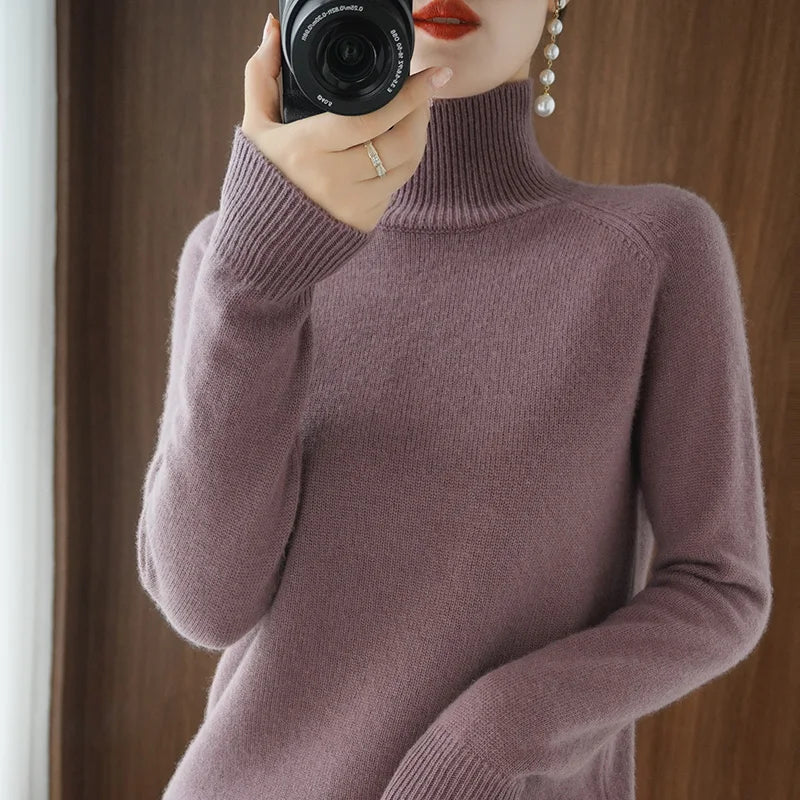 Fashion Basic Autumn Winter  Merino Wool Sweater Mock Neck Cashmere Pullover  Solid Color Soft Long Sleeve Clothing Tops