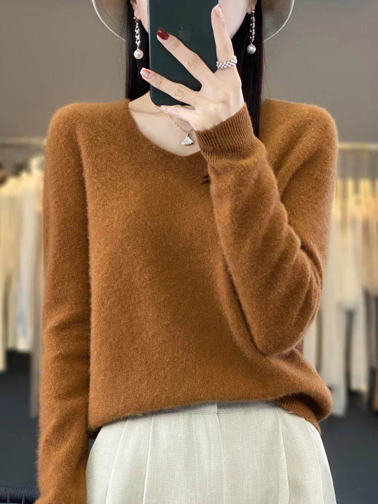 Fashion100% Merino Wool Sweater Cashmere  Pullover Women Knitwear V-Neck Long Sleeve  Autumn Winter Fashion Basic Clothing  Tops
