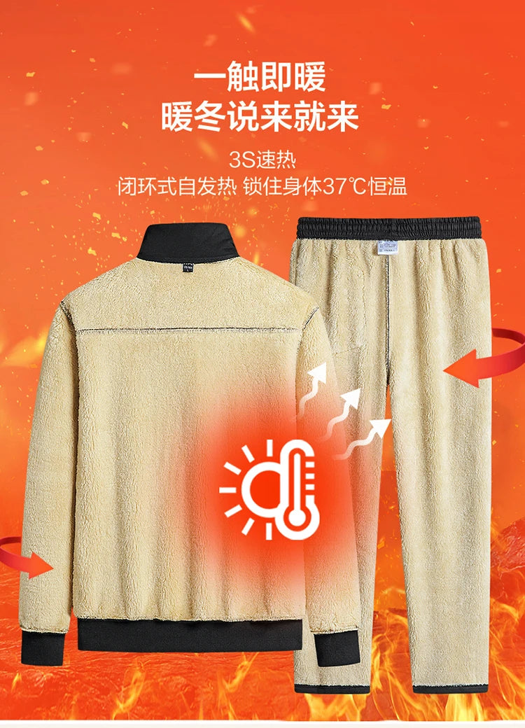 Men Lamb Wool Set Winter Tracksuit Hooded Sweat Shirt+Pant 2-piece Set Sports Suit Fleece Thickened Sportswear Men Tracksuit