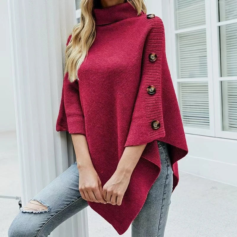 NEW Autumn Winter Shawl Cloak Sweater Solid Color Turtleneck Oversized Cape Coat Female Ponchos Pullover Knitted Bat Sleeve Top