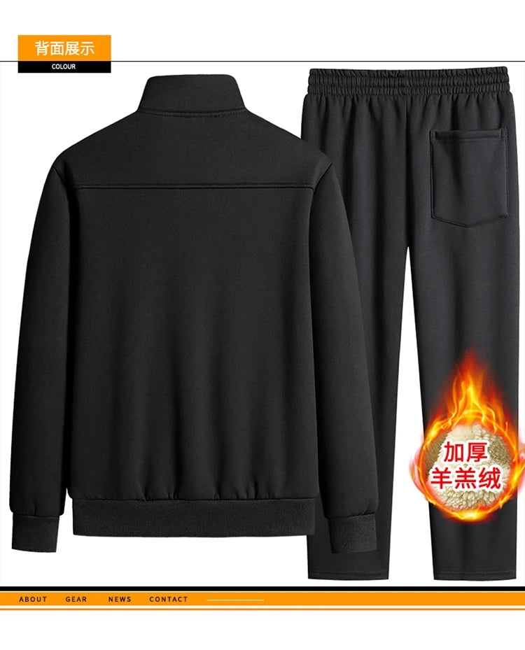 Men Lamb Wool Set Winter Tracksuit Hooded Sweat Shirt+Pant 2-piece Set Sports Suit Fleece Thickened Sportswear Men Tracksuit
