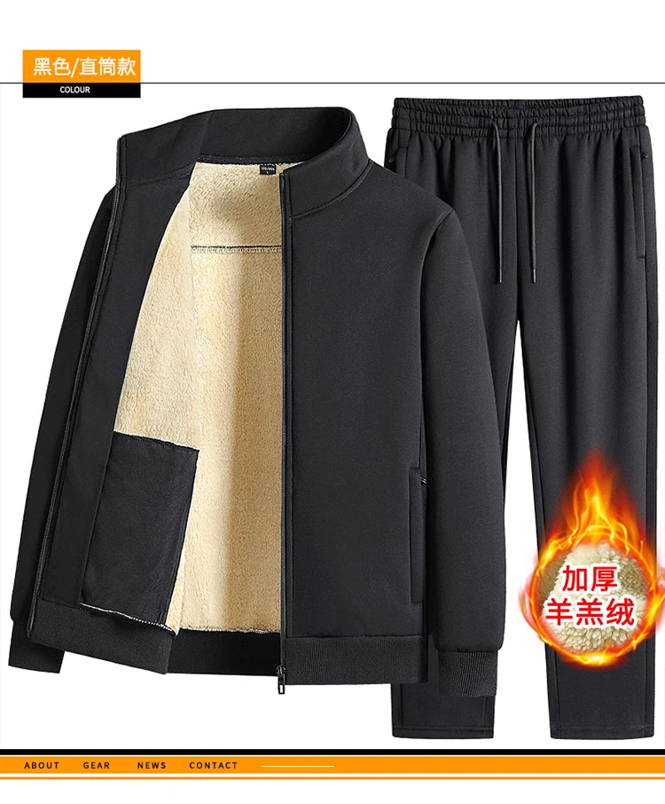 Men Lamb Wool Set Winter Tracksuit Hooded Sweat Shirt+Pant 2-piece Set Sports Suit Fleece Thickened Sportswear Men Tracksuit