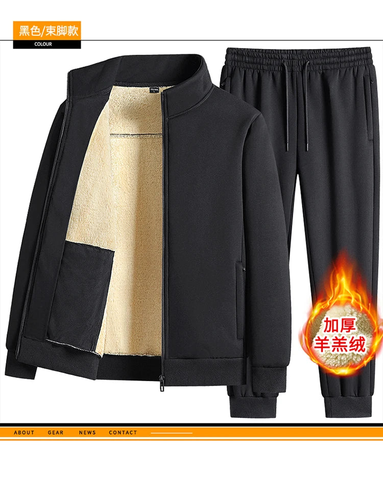 Men Lamb Wool Set Winter Tracksuit Hooded Sweat Shirt+Pant 2-piece Set Sports Suit Fleece Thickened Sportswear Men Tracksuit