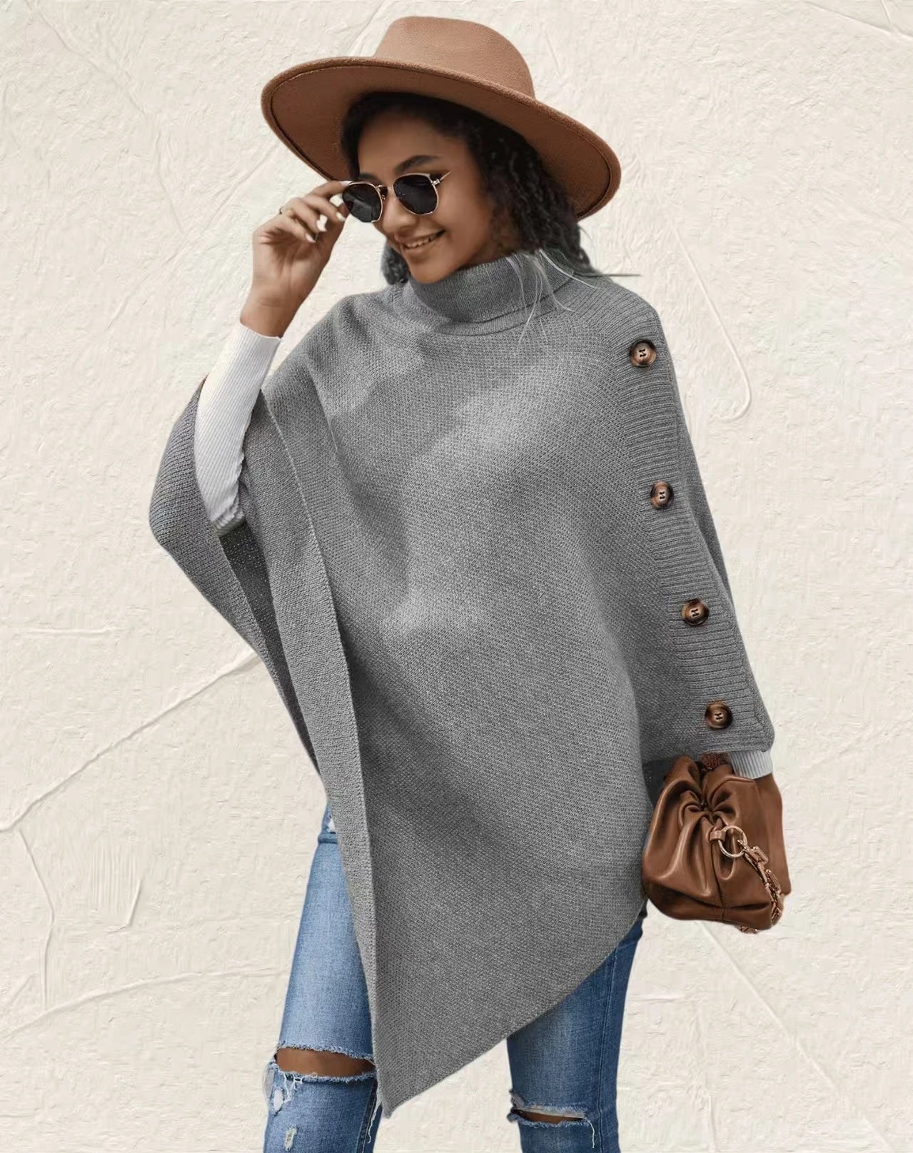 NEW Autumn Winter Shawl Cloak Sweater Solid Color Turtleneck Oversized Cape Coat Female Ponchos Pullover Knitted Bat Sleeve Top