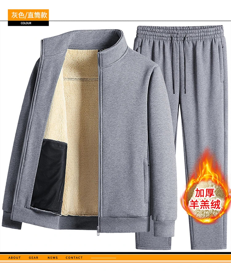 Men Lamb Wool Set Winter Tracksuit Hooded Sweat Shirt+Pant 2-piece Set Sports Suit Fleece Thickened Sportswear Men Tracksuit