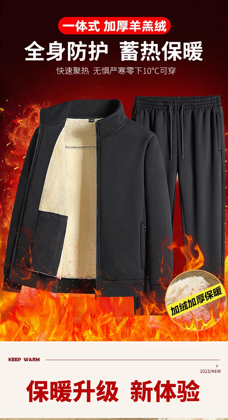 Men Lamb Wool Set Winter Tracksuit Hooded Sweat Shirt+Pant 2-piece Set Sports Suit Fleece Thickened Sportswear Men Tracksuit