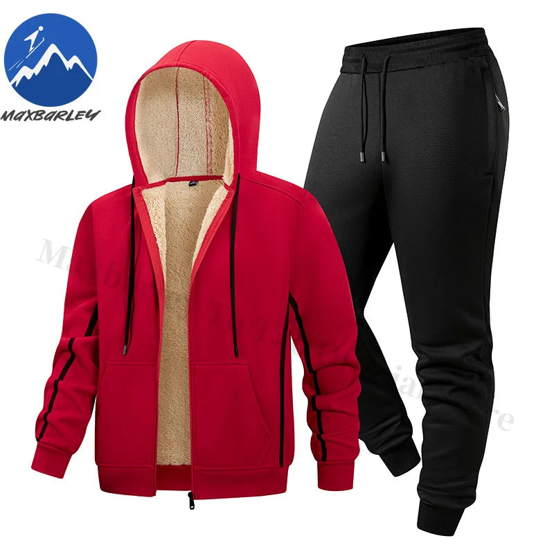 Maxbarley Men Sets Fleece Jacket + Pants Warm Fur Winter Sweatshirt Cashmere Tracksuit Man Suit Wool Thick Casual Track Suits