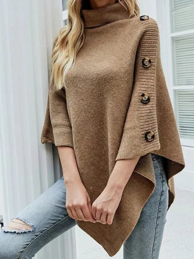 NEW Autumn Winter Shawl Cloak Sweater Solid Color Turtleneck Oversized Cape Coat Female Ponchos Pullover Knitted Bat Sleeve Top