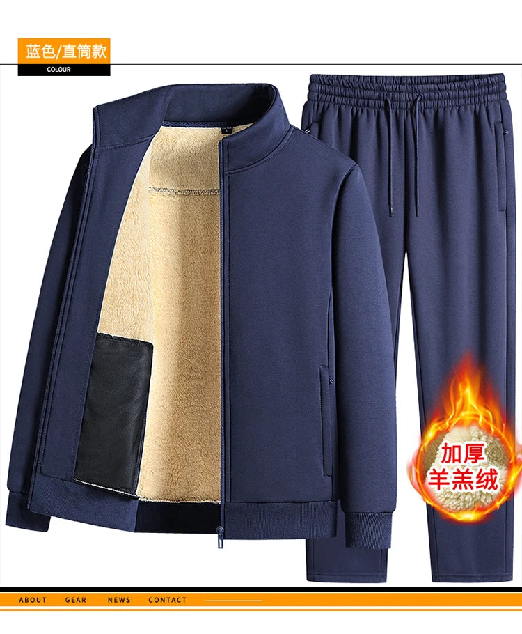 Men Lamb Wool Set Winter Tracksuit Hooded Sweat Shirt+Pant 2-piece Set Sports Suit Fleece Thickened Sportswear Men Tracksuit