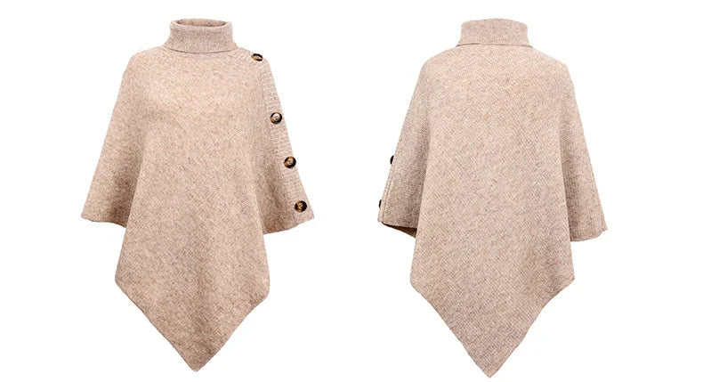 NEW Autumn Winter Shawl Cloak Sweater Solid Color Turtleneck Oversized Cape Coat Female Ponchos Pullover Knitted Bat Sleeve Top