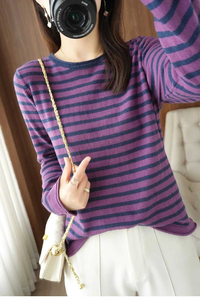 Women 100% Cotton Sweater Curled O-neck Strip Pullover Autumn Winter Casual Knit Clothing Fashion Soft Bottoming Sweater Tops