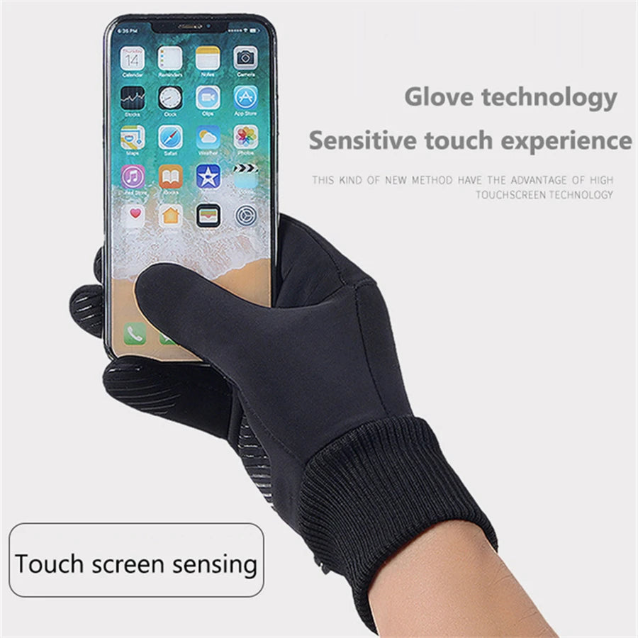 Black Sports Gloves Winter Warm Full Fingers Waterproof Cycling Outdoor Running Motorcycle Ski Touch Screen Fleece Gloves