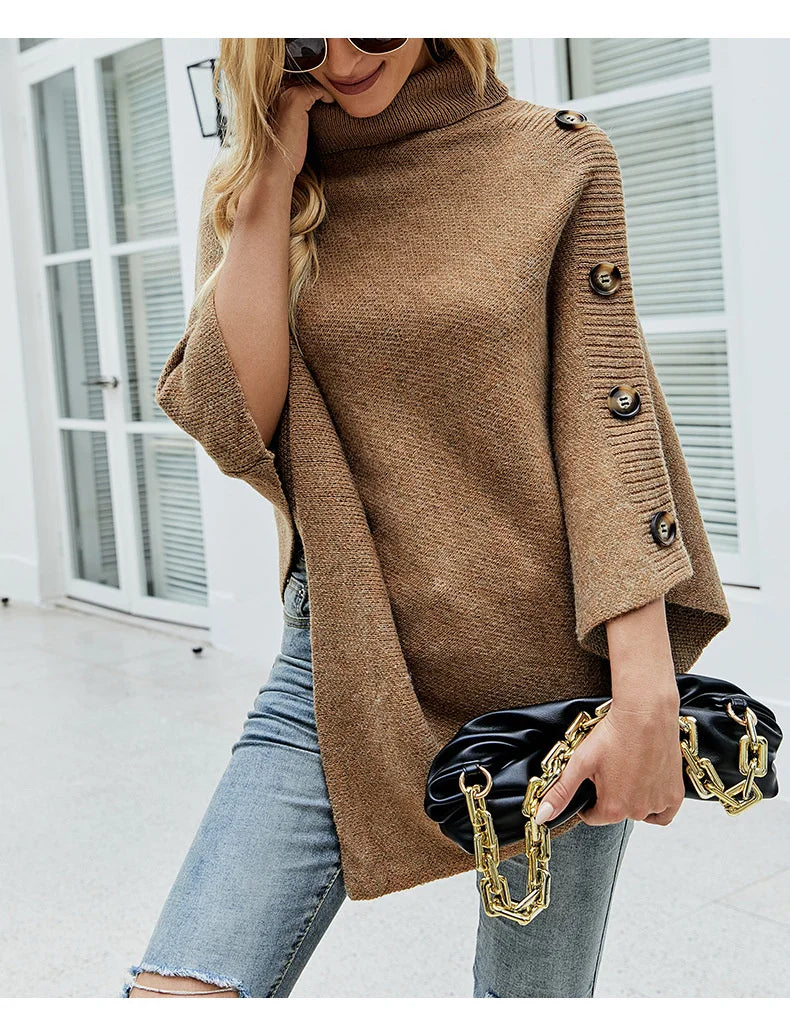 NEW Autumn Winter Shawl Cloak Sweater Solid Color Turtleneck Oversized Cape Coat Female Ponchos Pullover Knitted Bat Sleeve Top