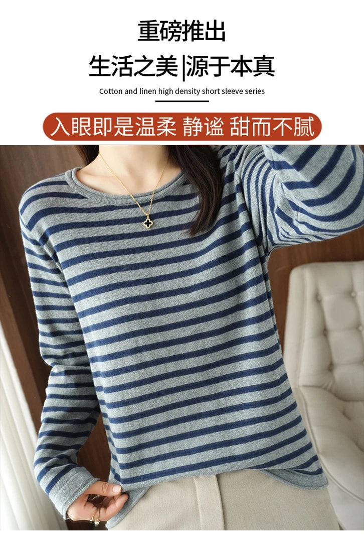 Women 100% Cotton Sweater Curled O-neck Strip Pullover Autumn Winter Casual Knit Clothing Fashion Soft Bottoming Sweater Tops