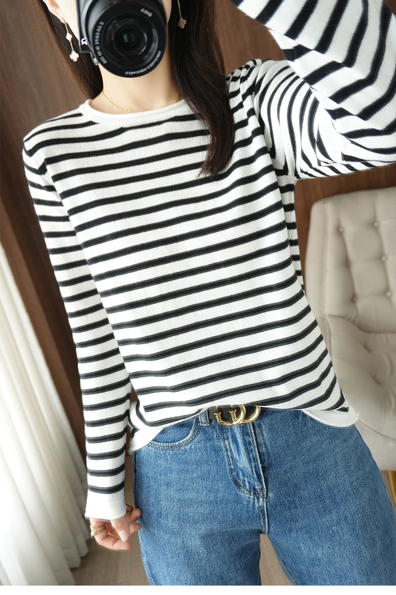 Women 100% Cotton Sweater Curled O-neck Strip Pullover Autumn Winter Casual Knit Clothing Fashion Soft Bottoming Sweater Tops
