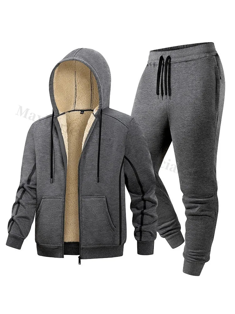 Maxbarley Men Sets Fleece Jacket + Pants Warm Fur Winter Sweatshirt Cashmere Tracksuit Man Suit Wool Thick Casual Track Suits