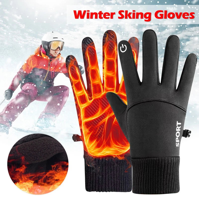 Black Sports Gloves Winter Warm Full Fingers Waterproof Cycling Outdoor Running Motorcycle Ski Touch Screen Fleece Gloves