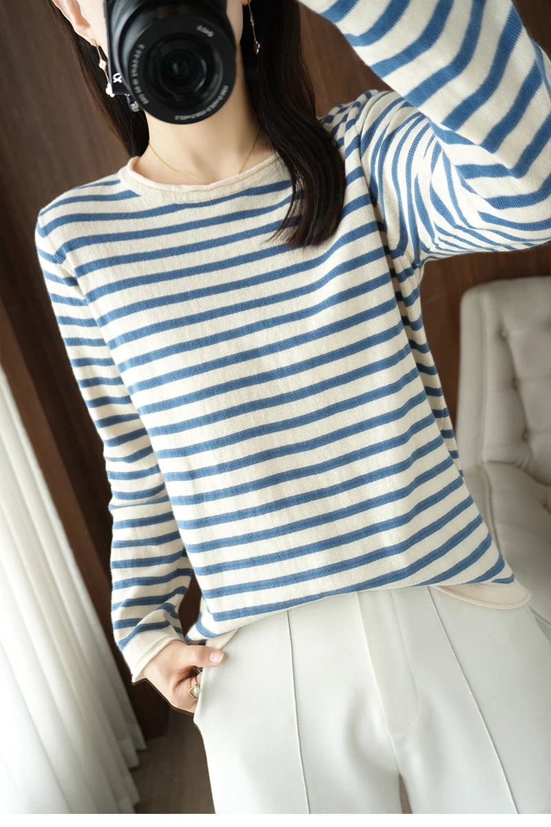 Women 100% Cotton Sweater Curled O-neck Strip Pullover Autumn Winter Casual Knit Clothing Fashion Soft Bottoming Sweater Tops