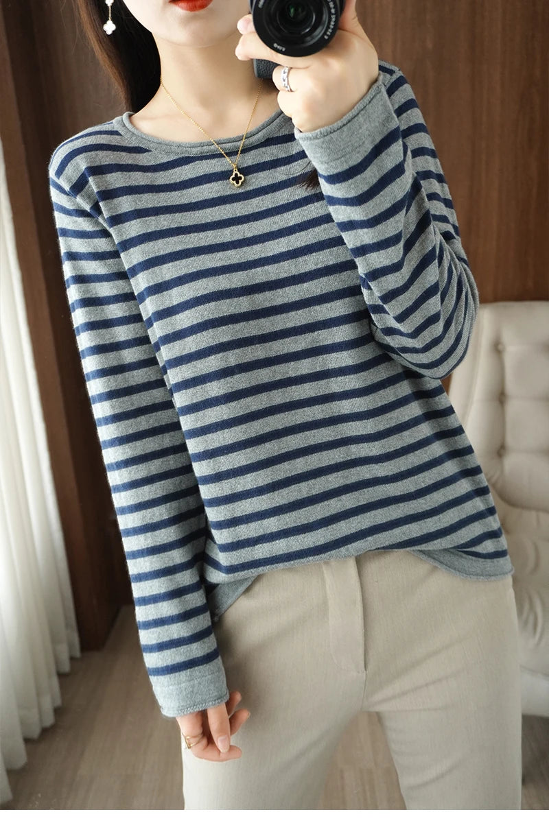 Women 100% Cotton Sweater Curled O-neck Strip Pullover Autumn Winter Casual Knit Clothing Fashion Soft Bottoming Sweater Tops