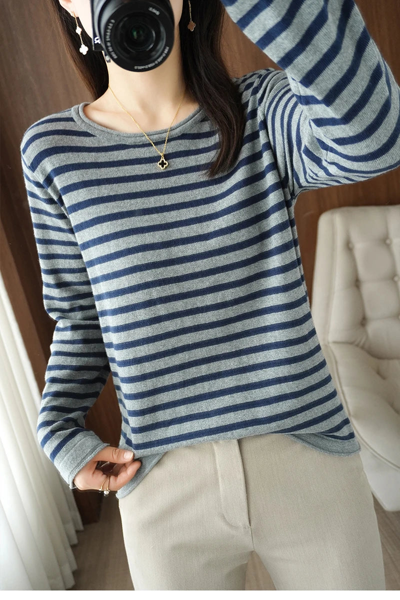 Women 100% Cotton Sweater Curled O-neck Strip Pullover Autumn Winter Casual Knit Clothing Fashion Soft Bottoming Sweater Tops
