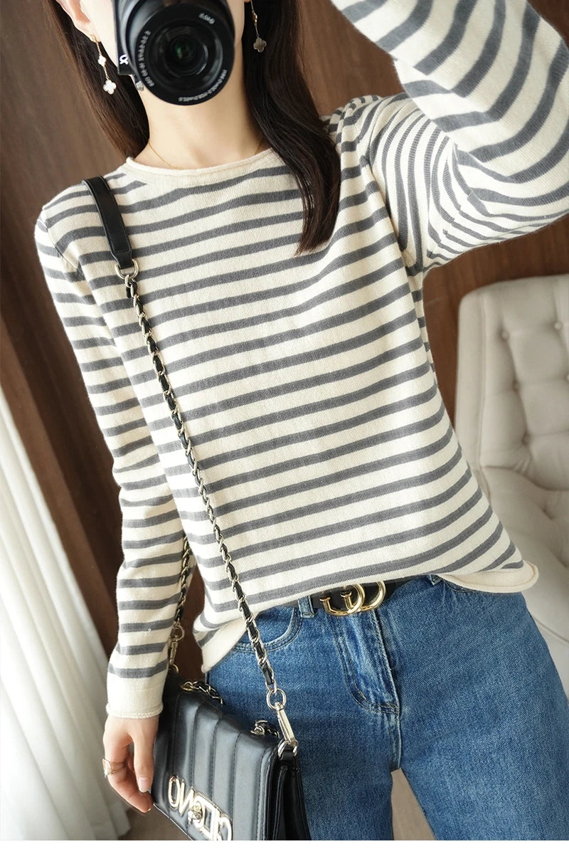Women 100% Cotton Sweater Curled O-neck Strip Pullover Autumn Winter Casual Knit Clothing Fashion Soft Bottoming Sweater Tops