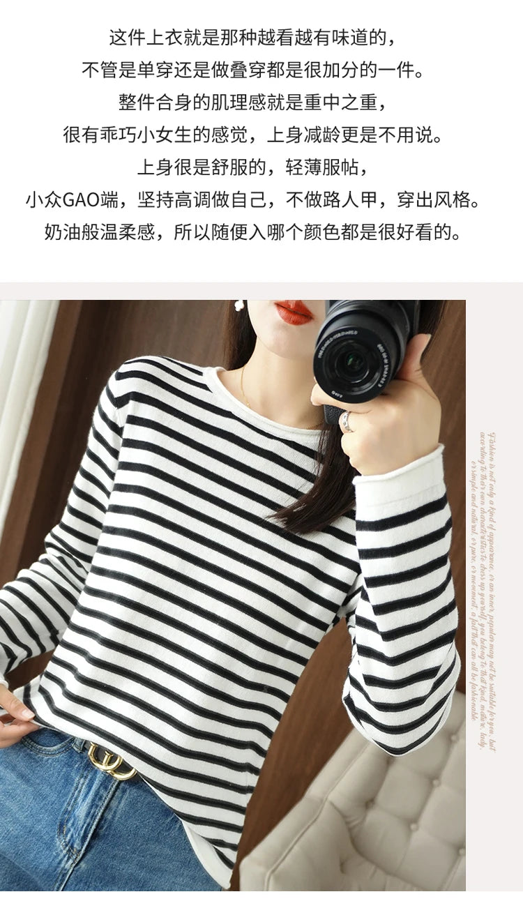 Women 100% Cotton Sweater Curled O-neck Strip Pullover Autumn Winter Casual Knit Clothing Fashion Soft Bottoming Sweater Tops