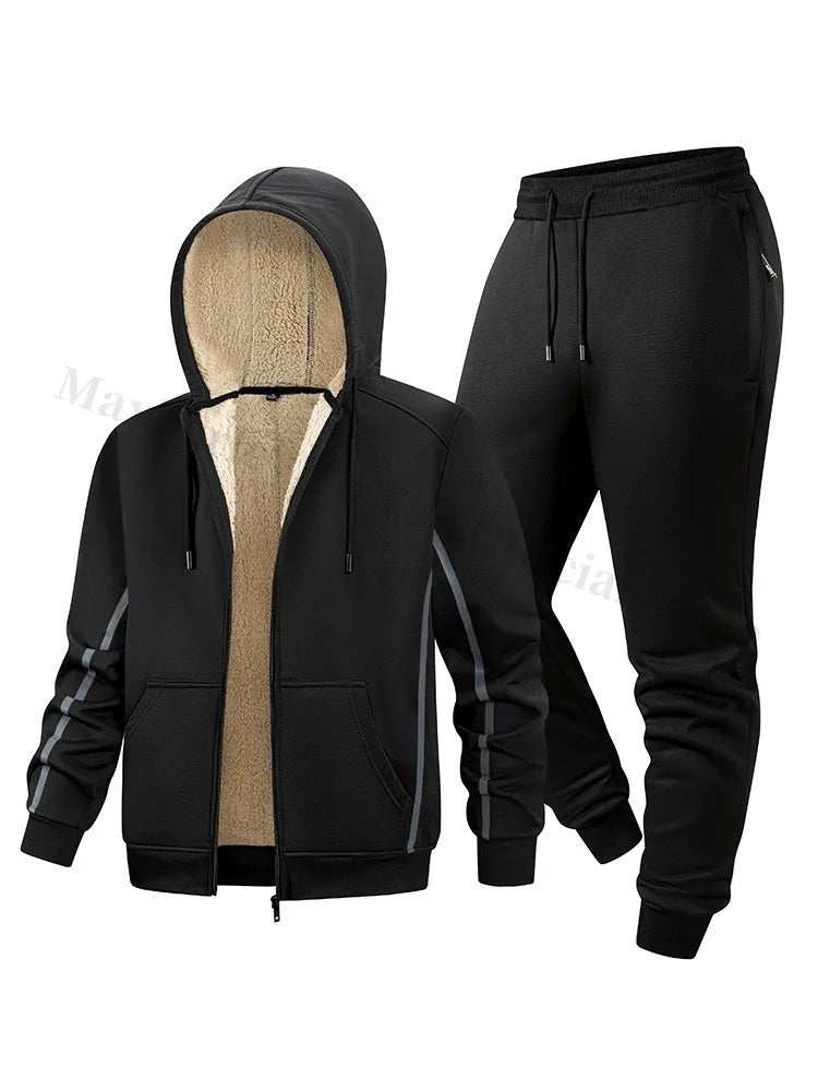 Maxbarley Men Sets Fleece Jacket + Pants Warm Fur Winter Sweatshirt Cashmere Tracksuit Man Suit Wool Thick Casual Track Suits