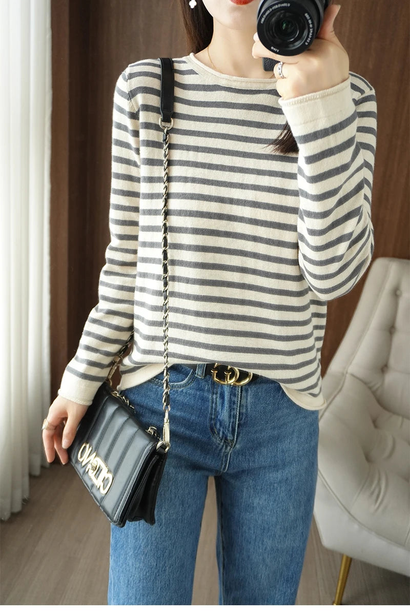 Women 100% Cotton Sweater Curled O-neck Strip Pullover Autumn Winter Casual Knit Clothing Fashion Soft Bottoming Sweater Tops
