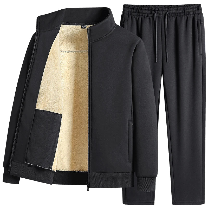 Men Lamb Wool Set Winter Tracksuit Hooded Sweat Shirt+Pant 2-piece Set Sports Suit Fleece Thickened Sportswear Men Tracksuit