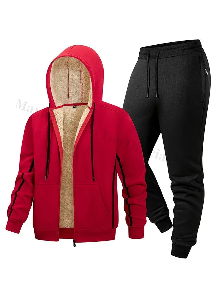 Maxbarley Men Sets Fleece Jacket + Pants Warm Fur Winter Sweatshirt Cashmere Tracksuit Man Suit Wool Thick Casual Track Suits