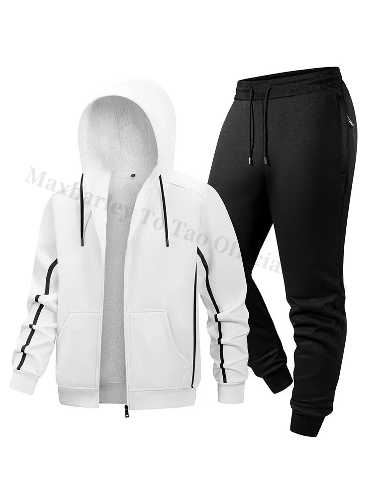 Maxbarley Men Sets Fleece Jacket + Pants Warm Fur Winter Sweatshirt Cashmere Tracksuit Man Suit Wool Thick Casual Track Suits