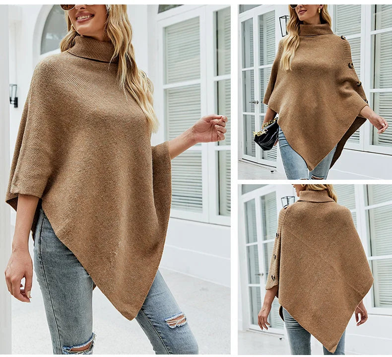 NEW Autumn Winter Shawl Cloak Sweater Solid Color Turtleneck Oversized Cape Coat Female Ponchos Pullover Knitted Bat Sleeve Top