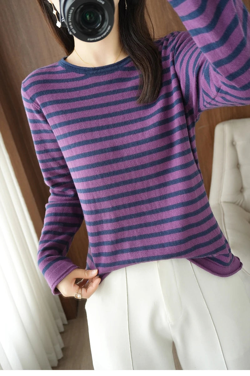 Women 100% Cotton Sweater Curled O-neck Strip Pullover Autumn Winter Casual Knit Clothing Fashion Soft Bottoming Sweater Tops