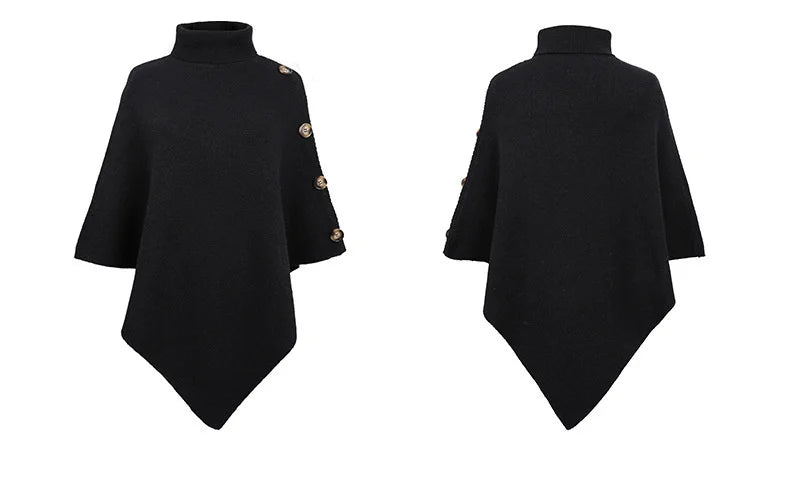 NEW Autumn Winter Shawl Cloak Sweater Solid Color Turtleneck Oversized Cape Coat Female Ponchos Pullover Knitted Bat Sleeve Top