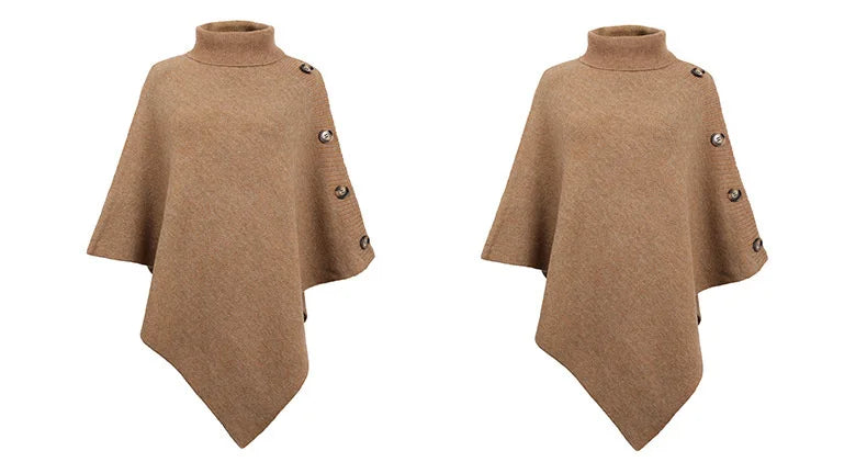 NEW Autumn Winter Shawl Cloak Sweater Solid Color Turtleneck Oversized Cape Coat Female Ponchos Pullover Knitted Bat Sleeve Top