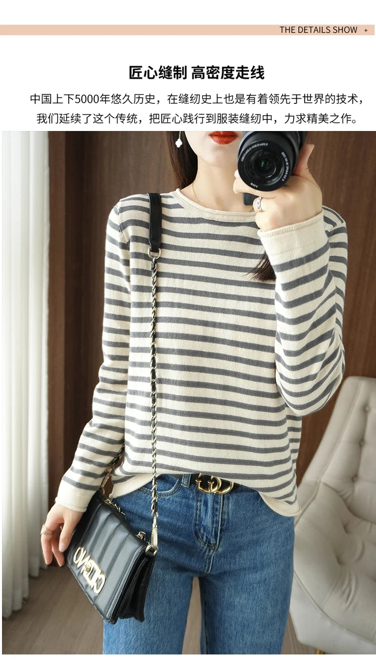 Women 100% Cotton Sweater Curled O-neck Strip Pullover Autumn Winter Casual Knit Clothing Fashion Soft Bottoming Sweater Tops