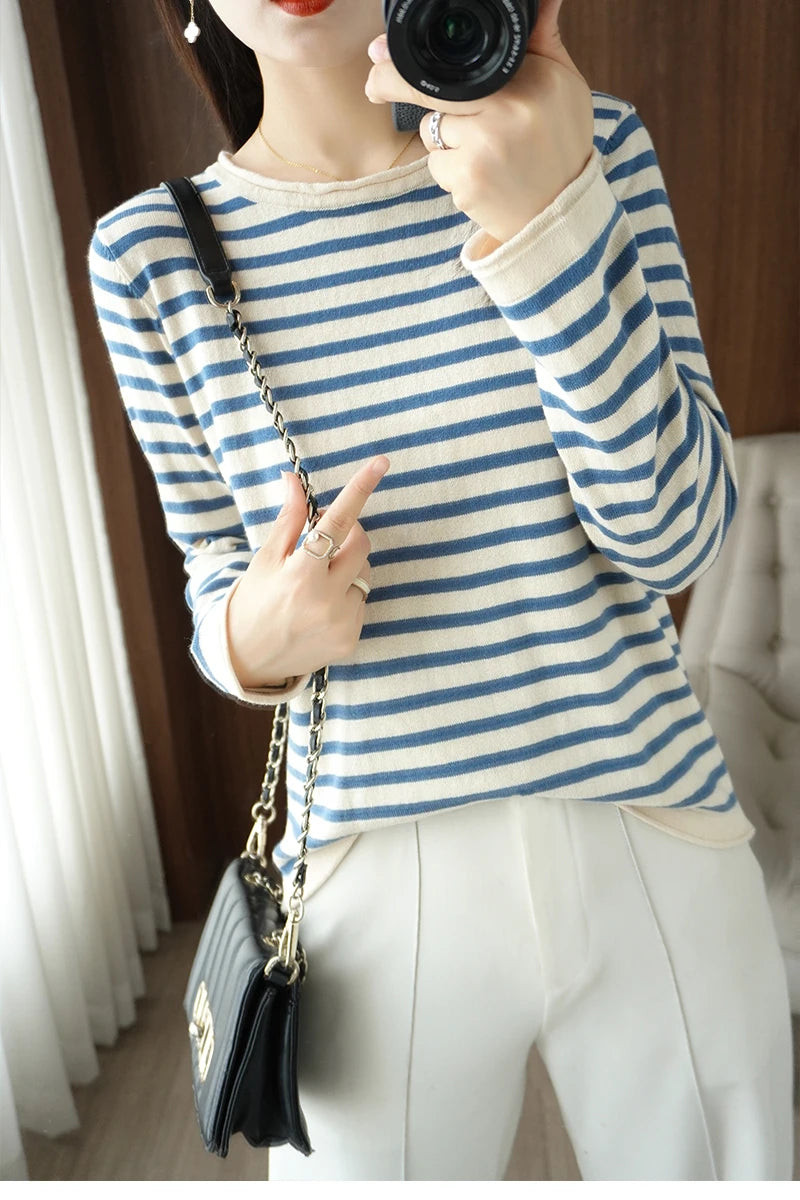 Women 100% Cotton Sweater Curled O-neck Strip Pullover Autumn Winter Casual Knit Clothing Fashion Soft Bottoming Sweater Tops