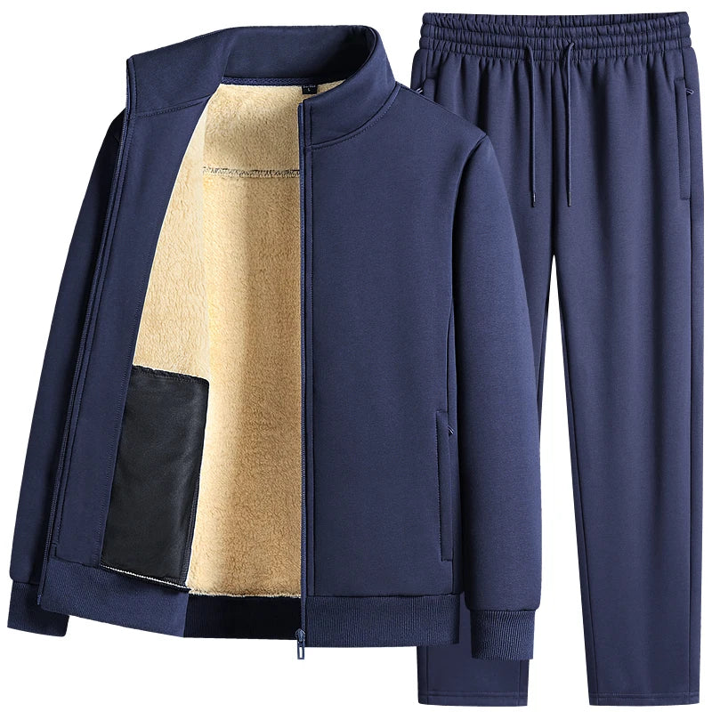 Men Lamb Wool Set Winter Tracksuit Hooded Sweat Shirt+Pant 2-piece Set Sports Suit Fleece Thickened Sportswear Men Tracksuit